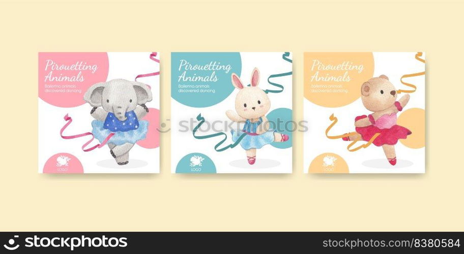 Banner template with Fairy ballerinas animals concept,watercolor style 