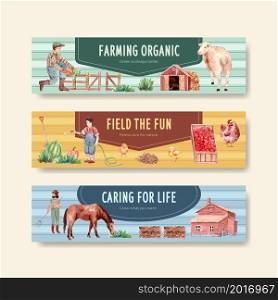 Banner template with farm organic concept design for advertise and marketing watercolor vector illustration.