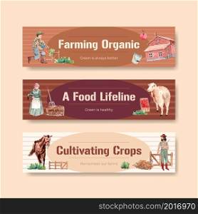 Banner template with farm organic concept design for advertise and marketing watercolor vector illustration.