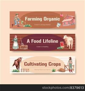 Banner template with farm organic concept design for advertise and marketing watercolor  vector illustration. 