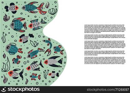 Banner template with fish collection isolated. Cute aquarium fish characters in doodle style. Vector color illustration.