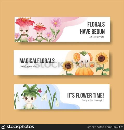 Banner template with floral character concept design watercolor illustration 