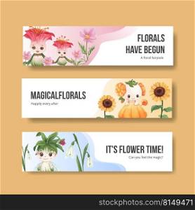 Banner template with floral character concept design watercolor illustration 