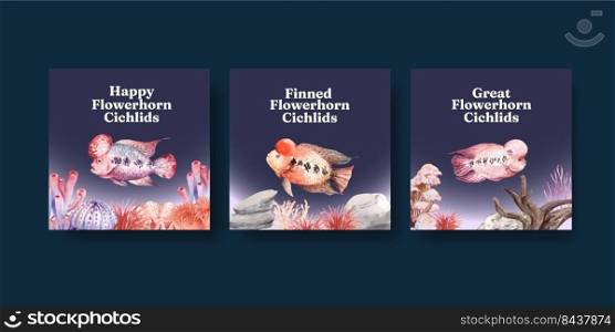 Banner template with flower horn cichlid fish concept,watercolor style
