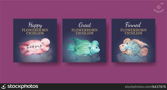 Banner template with flower horn cichlid fish concept,watercolor style 