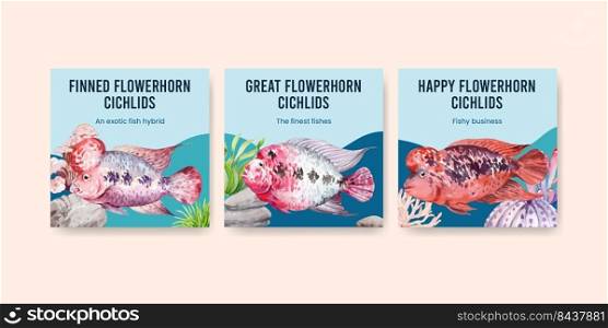 Banner template with flower horn cichlid fish concept,watercolor style 