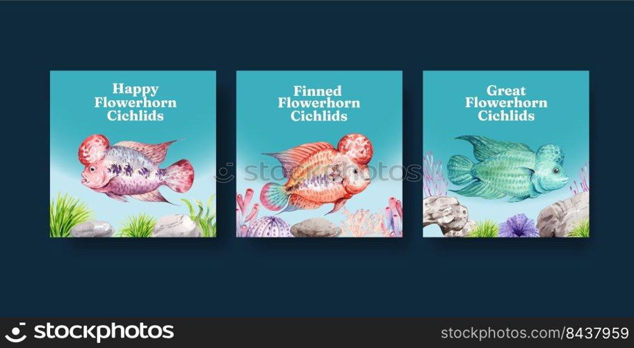 Banner template with flower horn cichlid fish concept,watercolor style 