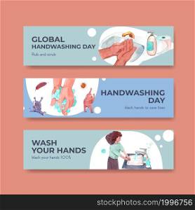 Banner template with global handwashing day concept design for advertise and marketing watercolor vector