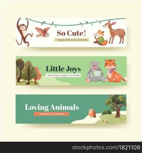 Banner template with happy animals concept design watercolor illustration
