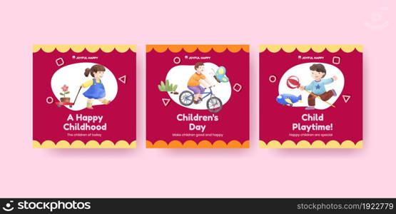 Banner template with happy children concept,watercolor style