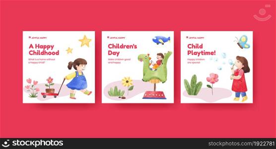 Banner template with happy children concept,watercolor style