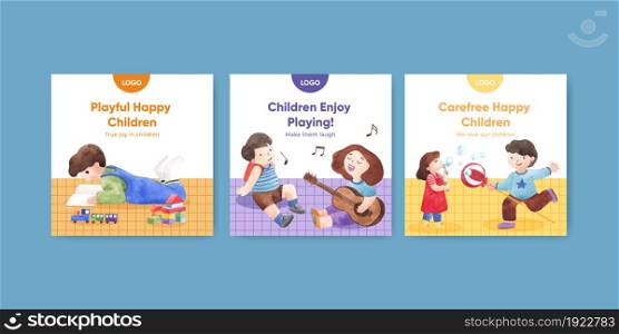 Banner template with happy children concept,watercolor style