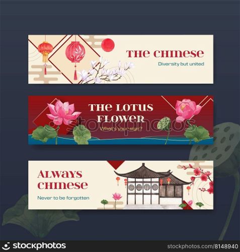 Banner template with Happy Chinese New Year concept design with advertise and marketing watercolor vector illustration 