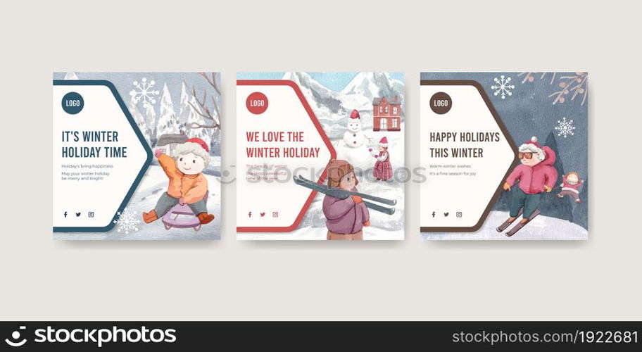 Banner template with happy winter concept,watercolor style