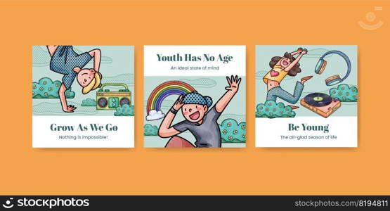 Banner template with happy youth fun concept,watercolor style  