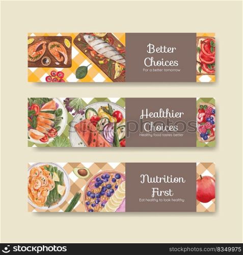 Banner template with healthy food concept,watercolor style 