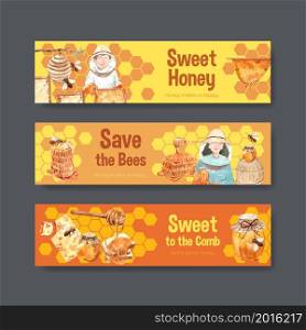 Banner template with honey concept design for advertise watercolor vector illustration