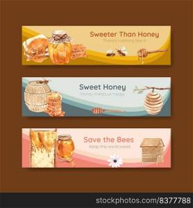 Banner template with honey concept design for advertise watercolor vector illustration
