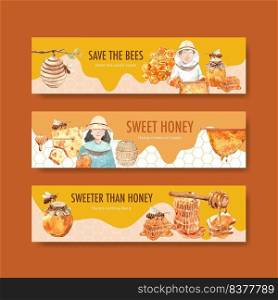 Banner template with honey concept design for advertise watercolor vector illustration 