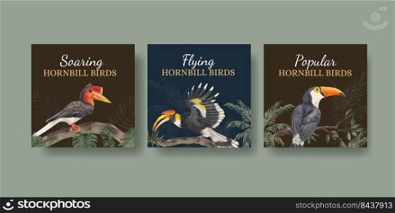 Banner template with hornbill bird concept,watercolor style  