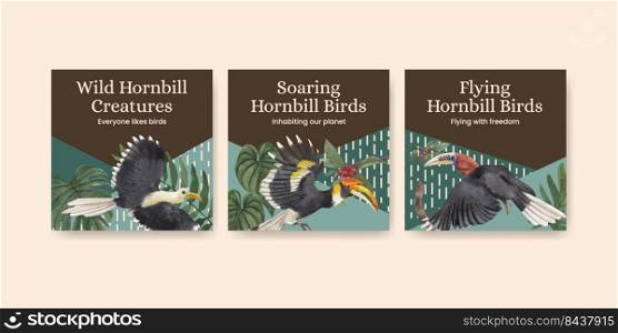 Banner template with hornbill bird concept,watercolor style  