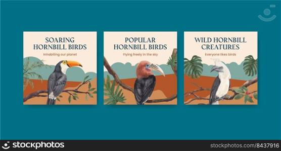 Banner template with hornbill bird concept,watercolor style 
