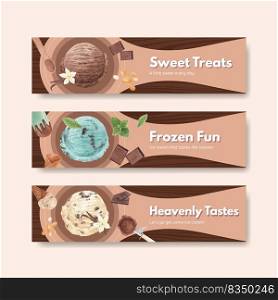 Banner template with ice cream flavor concept,watercolor style 