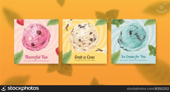 Banner template with ice cream flavor concept,watercolor style 