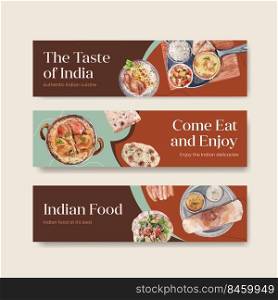 Banner template with Indian food concept design for advertise and marketing watercolor illustraton
