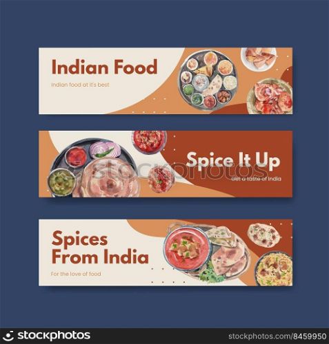 Banner template with Indian food concept design for advertise and marketing watercolor illustraton