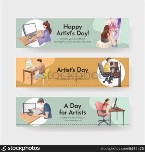 Banner template with international artists day concept,watercolor style 