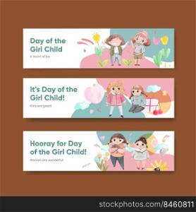 Banner template with International Day of the Girl Child concept,watercolor style 
