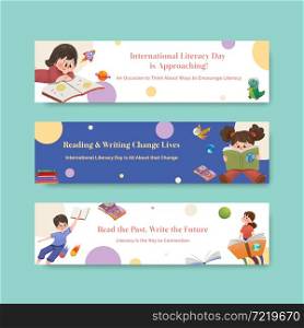 Banner template with International literacy Day concept design for marketing and leaflet watercolor vector.