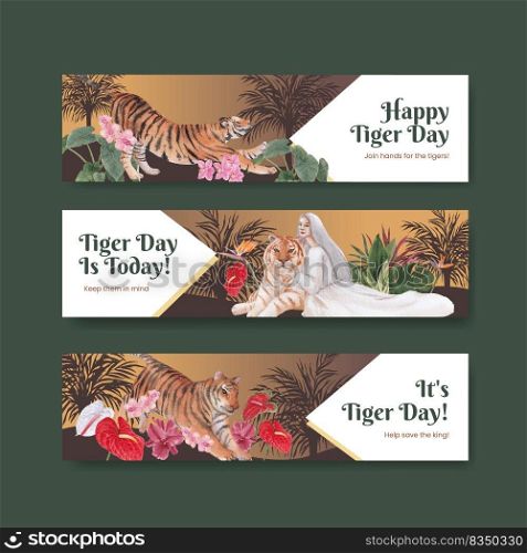 Banner template with international tiger day concept,watercolor style 