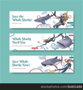 Banner template with international whale shark day concept,watercolor style 