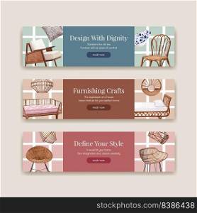 Banner template with Jassa furniture concept design for advertise and marketing watercolor vector illustration