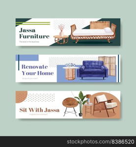 Banner template with Jassa furniture concept design for advertise and marketing watercolor vector illustration