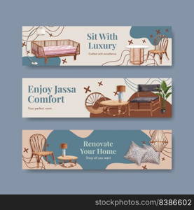 Banner template with Jassa furniture concept design for advertise and marketing watercolor vector illustration