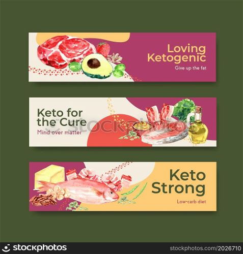 Banner template with ketogenic diet concept for advertise and marketing watercolor vector illustration.