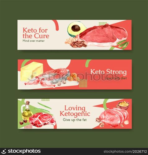 Banner template with ketogenic diet concept for advertise and marketing watercolor vector illustration.