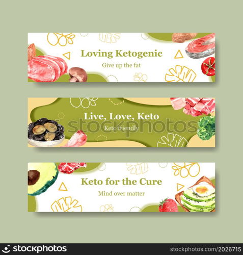 Banner template with ketogenic diet concept for advertise and marketing watercolor vector illustration.