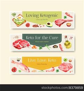 Banner template with ketogenic diet concept for advertise and marketing watercolor vector illustration.
