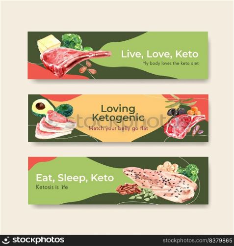 Banner template with ketogenic diet concept for advertise and marketing watercolor vector illustration. 