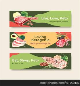 Banner template with ketogenic diet concept for advertise and marketing watercolor vector illustration. 