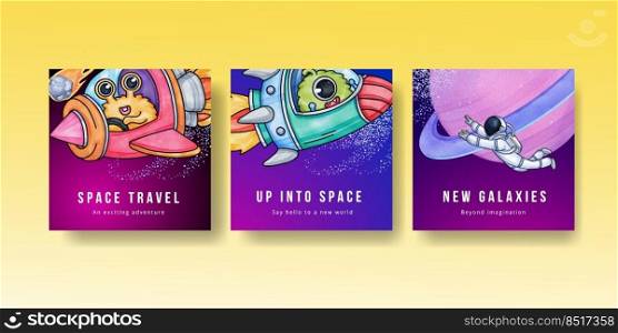 Banner template with kids explore galaxy concept,watercolor style 