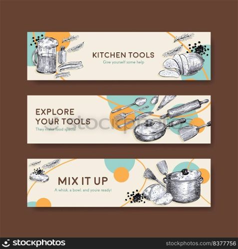 Banner template with kitchen appliances concept design for advertise vector illustration 