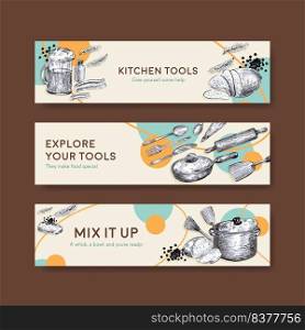 Banner template with kitchen appliances concept design for advertise vector illustration 