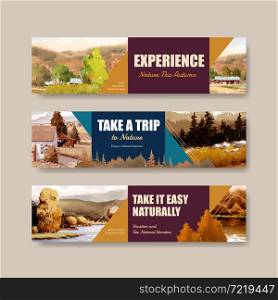 Banner template with landscape in autumn design for marketing and leaflet.Fall seasons watercolor vector illustration
