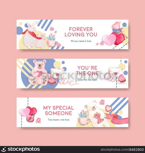 Banner template with loving you concept design for advertise and marketing watercolor vector illustration 