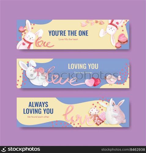 Banner template with loving you concept design for advertise and marketing watercolor vector illustration 